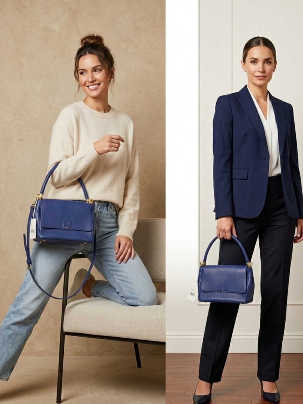 Metrocity Blue Pebbled Leather Satchel Crossbody Bag M Logo